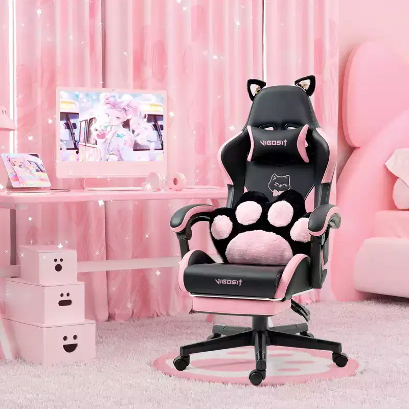 Modern Cute Cat Swivel Gaming Chair with Paw Lumbar Cushion, High Ergonomic Task Chair Computer Chair for Adults