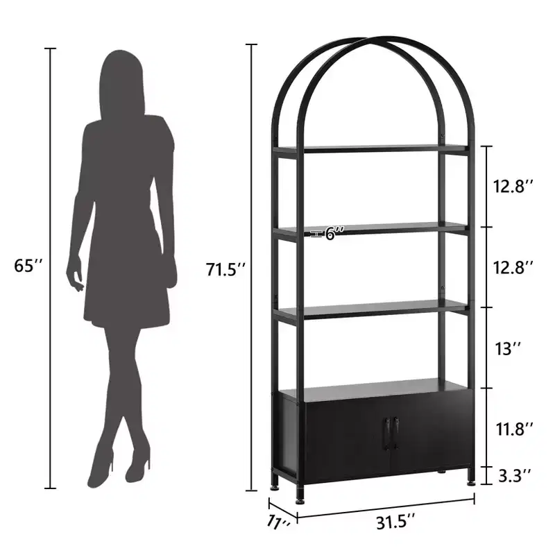 4-Tier Arched Bookshelf with Doors Storage Rack, 71.5 Inch High Industrial Bookshelf with Metal Frame, Open Curved Bookcase, Display Rack