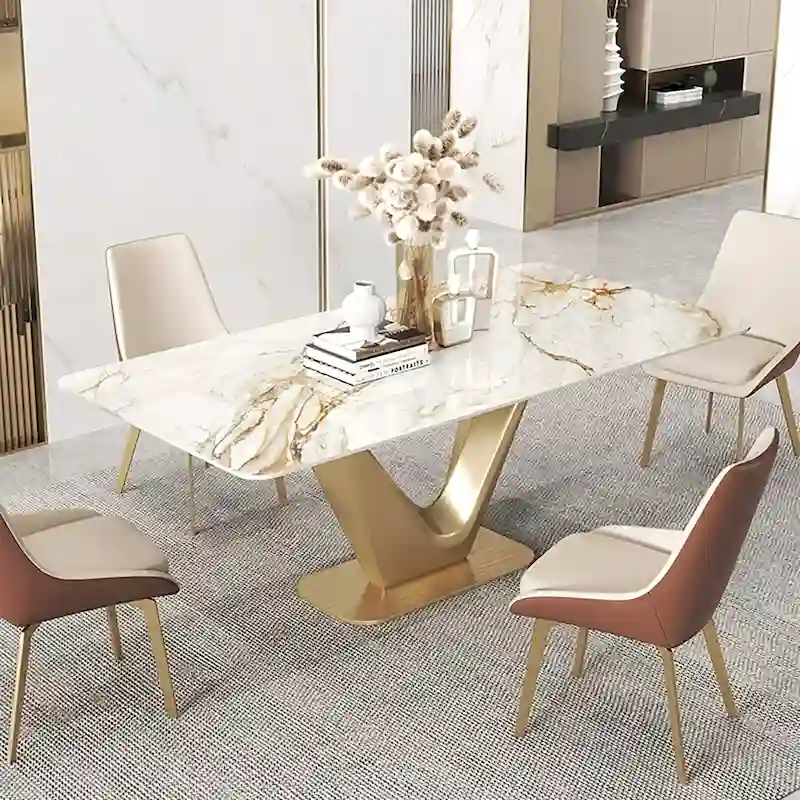 71 Modern Rectangular Dining Table for 6, White Glossy Sintered Stone top with Gold Stainless Steel Legs