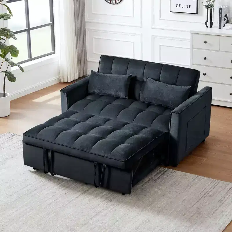 Cement Gray 3 in 1 Velvet Convertible Sleeper Sofa Bed with Pillows and Pockets, Modern Pull Out Couch Bed, Adjustable Backrest
