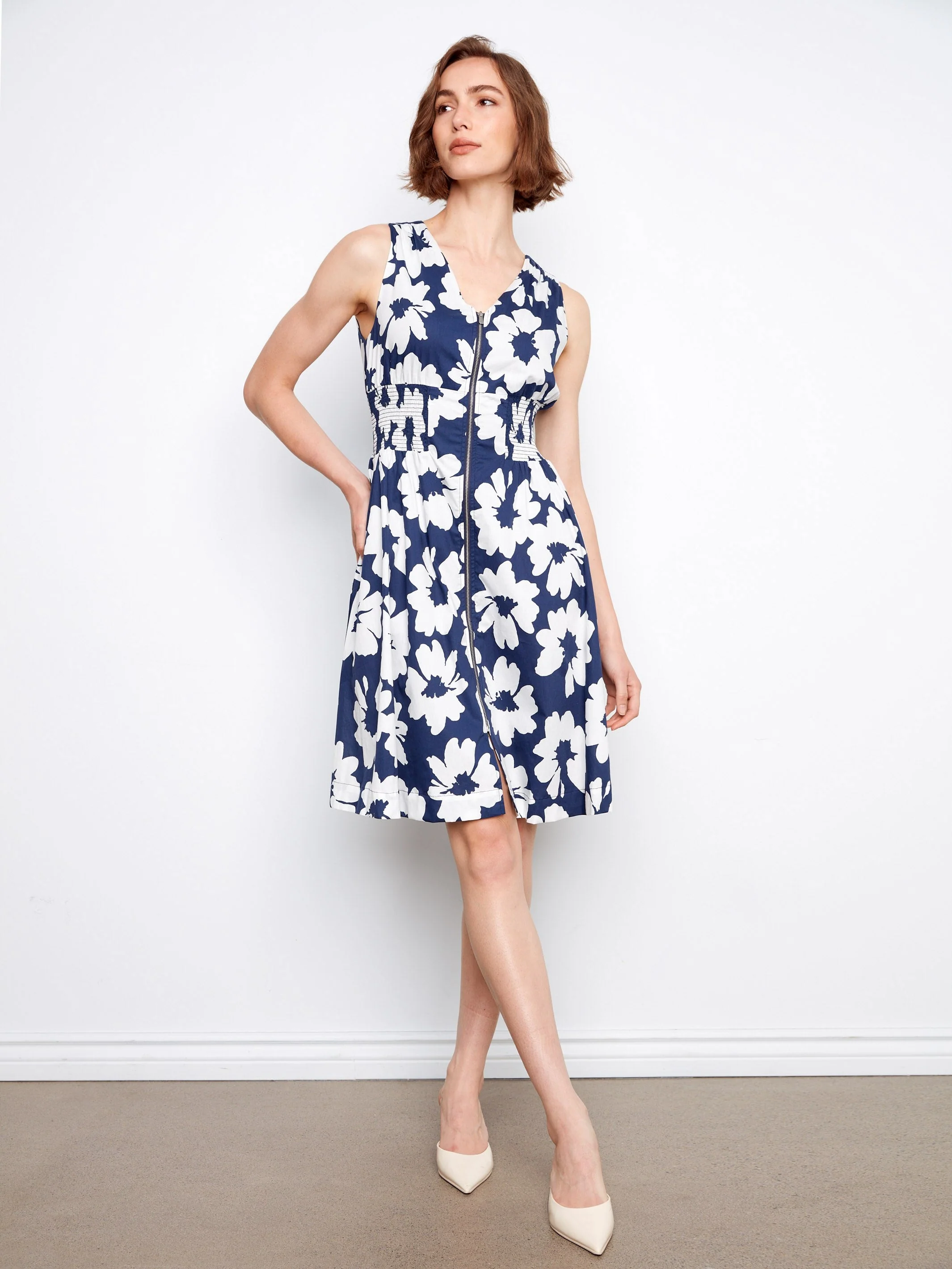 Cotton Voile Printed Front-Zip Dress - Floral Print