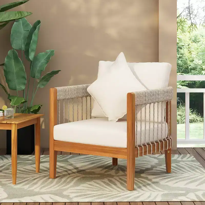 Christopher Knight Home Clifton Patio Rustic Acacia and Rope Upholstered Club Chair with Curved Back