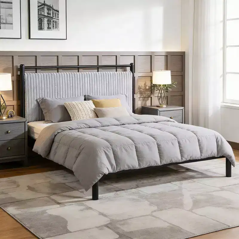 Modern Rubberwood Platform Bed Frame with Light Grey Fluffy Headboard