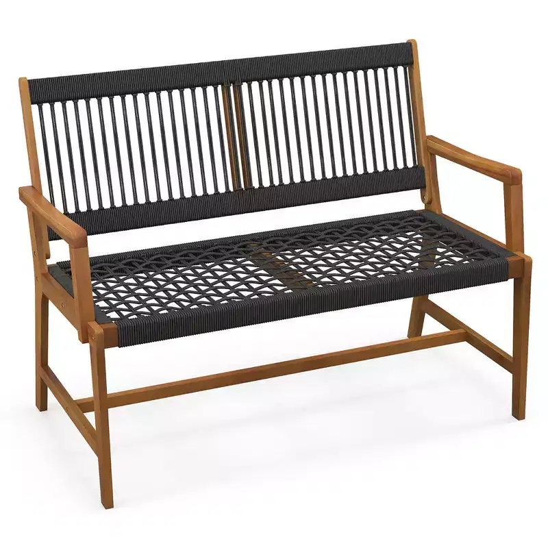 Costway Patio 2-Person Acacia Wood Bench All-Weather Rope Woven Outdoor Garden Natural