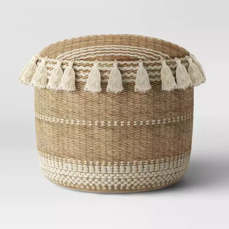 Jute Striped Round Pouf Ottoman with Tassels, Natural, Bohemian Style