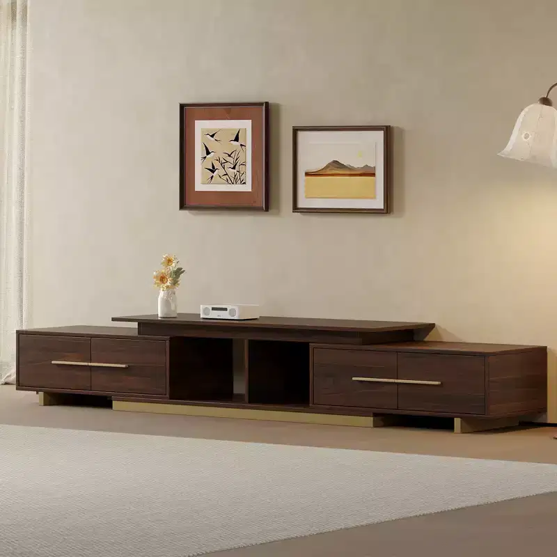 JVNOXK 63.4-94.5 Extendable TV Stand for TVs up to 100, Mid-Century Modern Media Console with Walnut Finish, Stainless Steel Base for Living Room