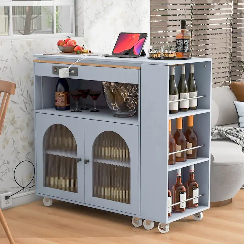 LED Lights Kitchen Island Cart With Extended Table and Power Outlets