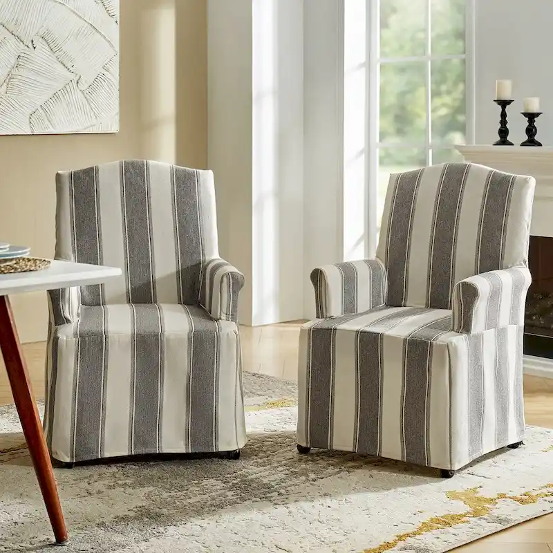 Upholstered Slipcover Arm Dining Chairs Set of 2 | Solid Wood Legs | Caster Wheels | Traditional Style