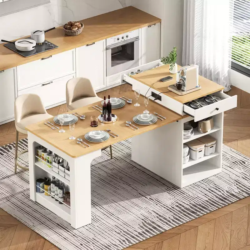 Okak Kitchen Island with Extendable Table, Kitchen Island Table with Double-Sided Storage and Power Outlet, Kitchen Cart for Dining Room