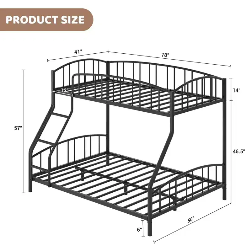 Bunk Bed Twin Over Full with Ladder and Arched Guardrail, Heavy Duty Bunkbeds Frame with Sturdy Steel Slats Support for Kids Boys Girls, Space-Saving