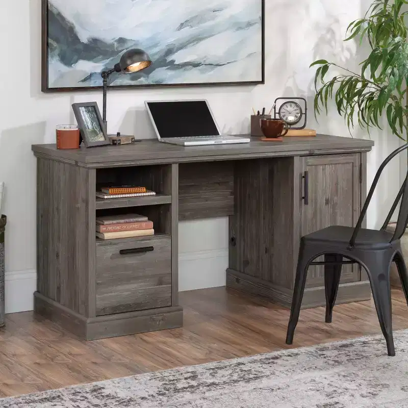 Double Pedestal Computer Desk with File Drawer and Hidden CPU Storage, Pebble Pine