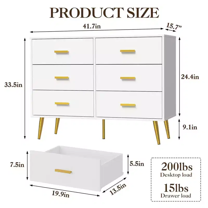 6-Drawer Dresser, Modern Wooden Bedroom Chest of Drawers With Storage Drawers, Farmhouse Style TV Stand for Living Room, Bedroom, Hallway, White