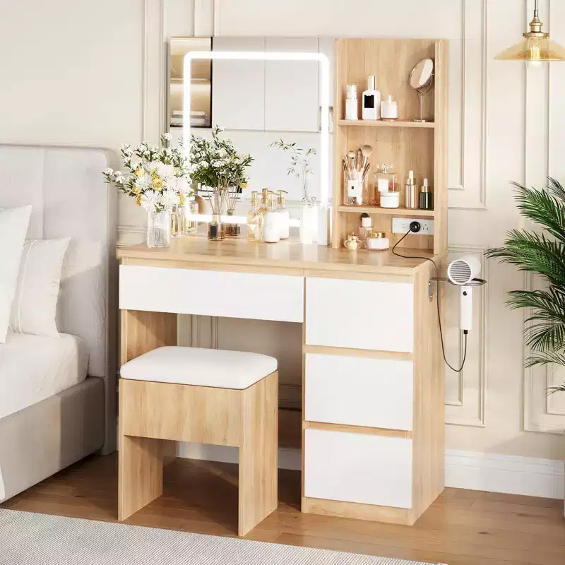 anity Desk with Mirror and LED Light, Vanity Desk with 4 Drawers, Power Outlet, Storage Stool, Storage Shelves & Hair Dryer Holder