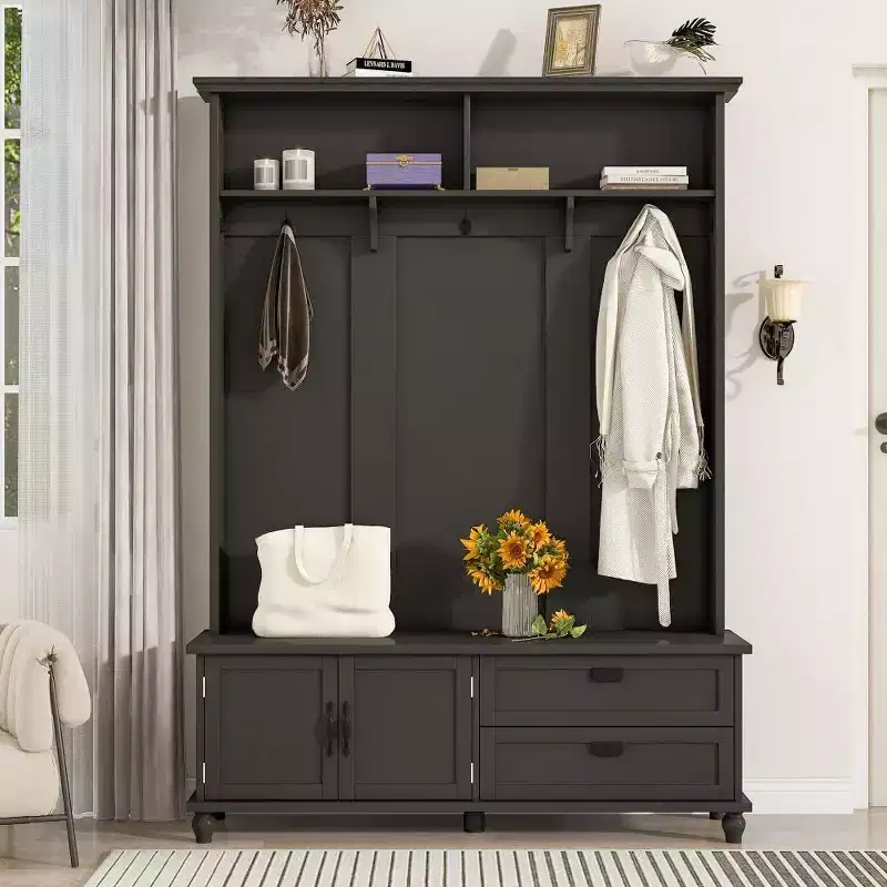 Modern Hall Tree with Storage Cabinet, 2 Large Drawers, Wide Bench & 5 Hooks, Entryway Organizer, Black