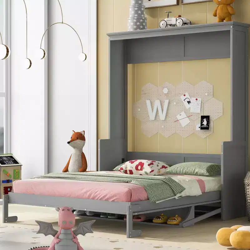 Queen Size Murphy Bed with Storage Shelf, Queen Wood Cabinet Beds Foldable Wall Bed Frame for Guest Room Home Office