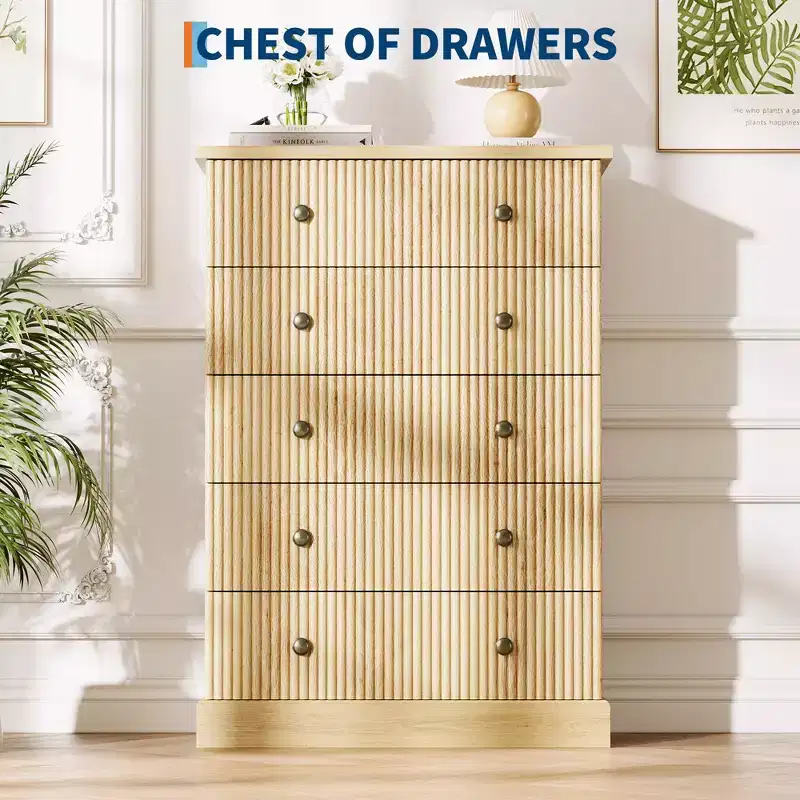 5-Drawer Bedroom Dresser, Upright Wooden Wardrobe, with Metal Handles, Suitable for Apartments, Bedrooms, Living Rooms, and Dining Rooms