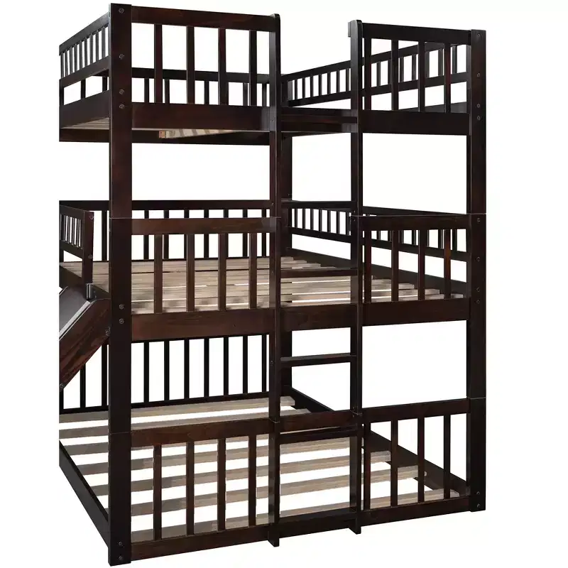 Full Over Full Over Full Triple Bunk Bed with Ladders and Slide, Espresso