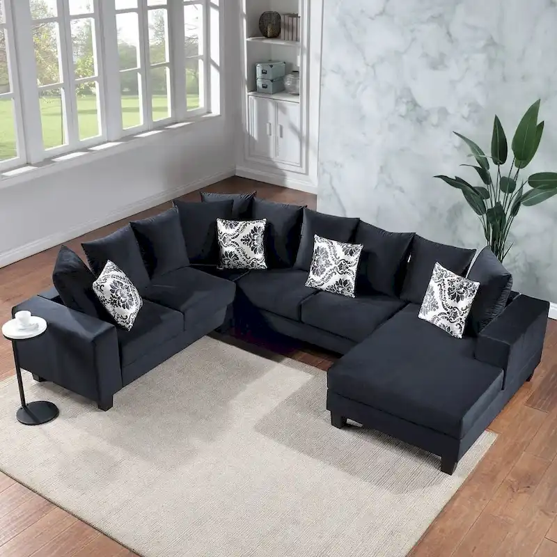 Modern U Shape Sectional Sofa, Velvet Corner Couch with Lots of Pillows Included