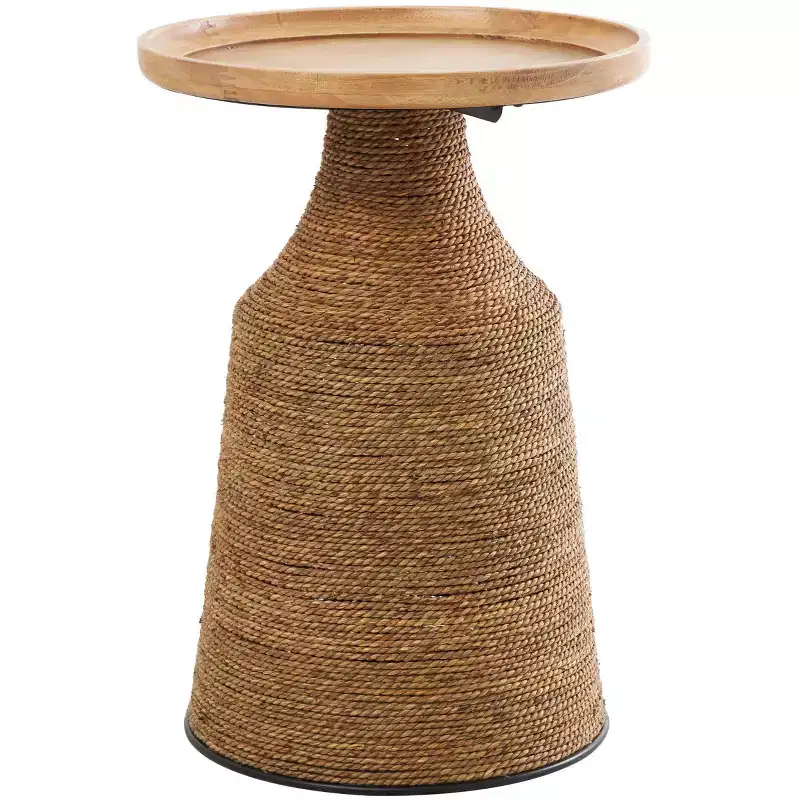 Olivia & May Dried Plant Handmade Wrapped Accent Table with Wood Tabletop Brown: Bohemian Pine Frame, No Assembly Required