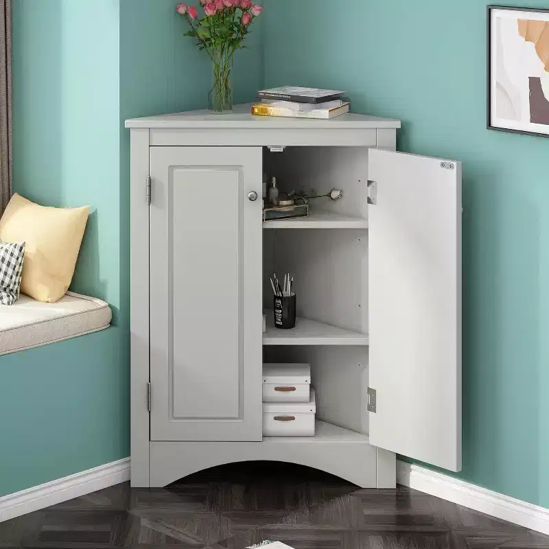 Triangular Corner Cabinet with Adjustable Shelves and Doors, Space-Saving Wooden Storage Unit for Bathroom, Kitchen, Living Room, Grey