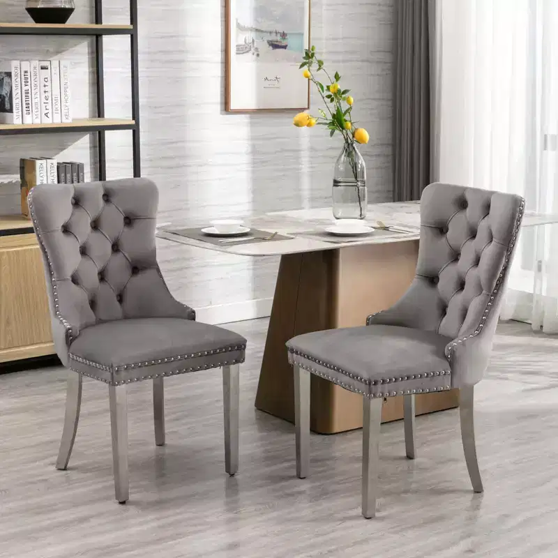 Set of 2 Gray Tufted Solid Wood Contemporary Velvet Upholstered Dining Chair with Chrome Stainless Steel Plating Legs and Nailhead Trim