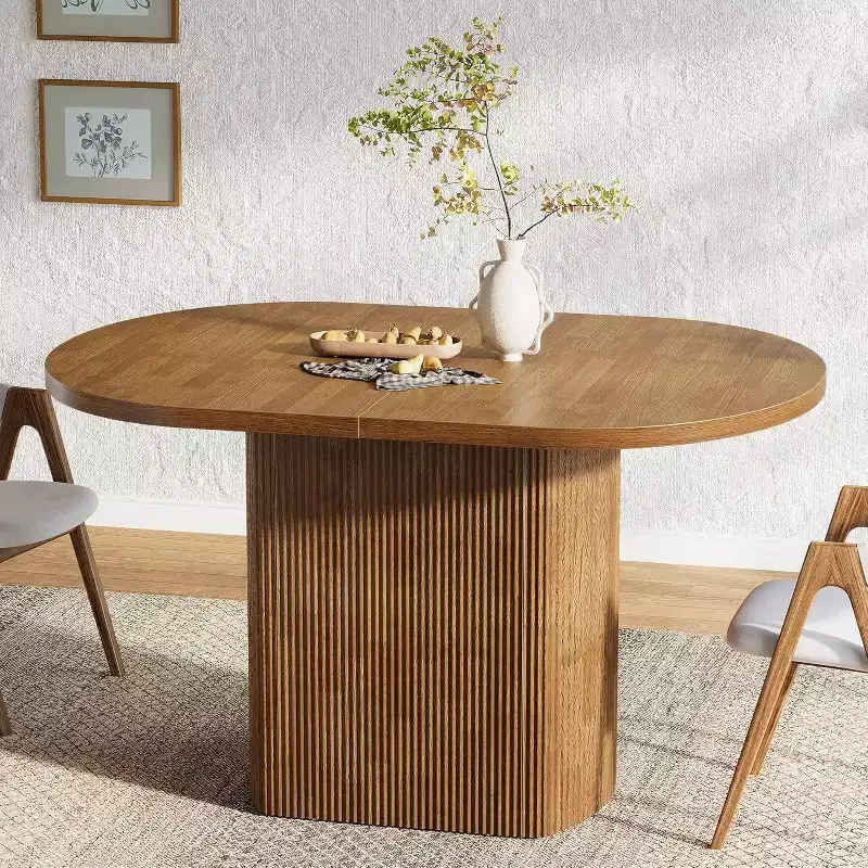 47.24 Inch Oval Dining Table, Rustic Wooden with Wooden Base, Seats 4, for Dining Room, Kitchen, Living Room, Brown