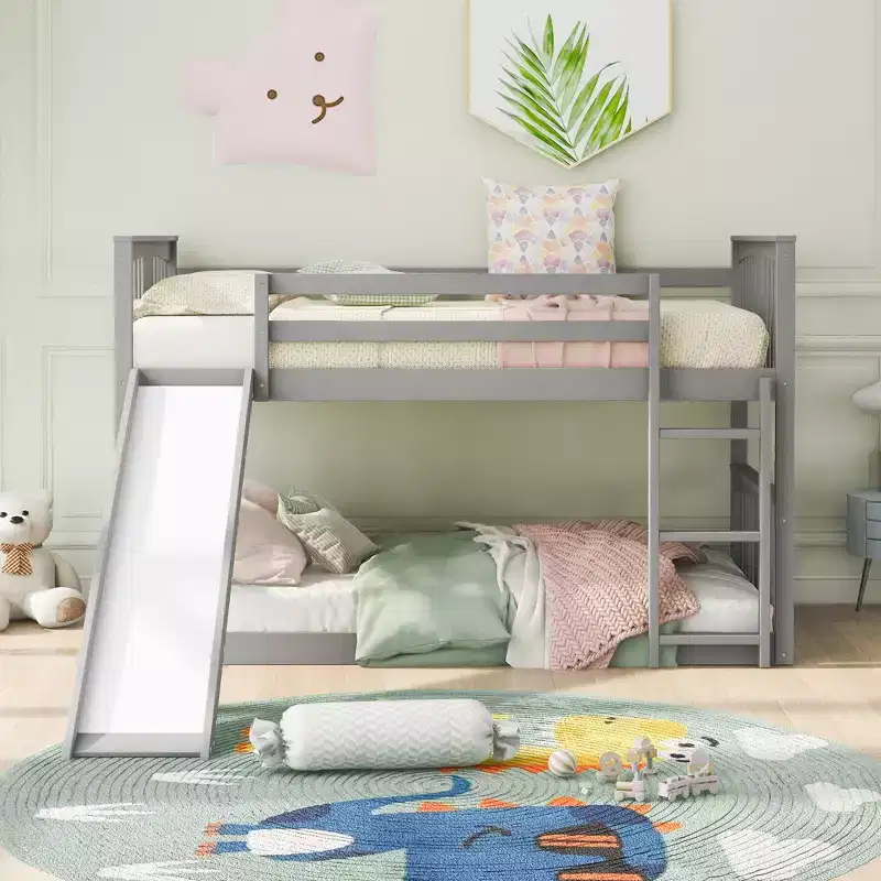 Twin Over Twin Bunk Bed with Slide and Ladder, Designed for Safety