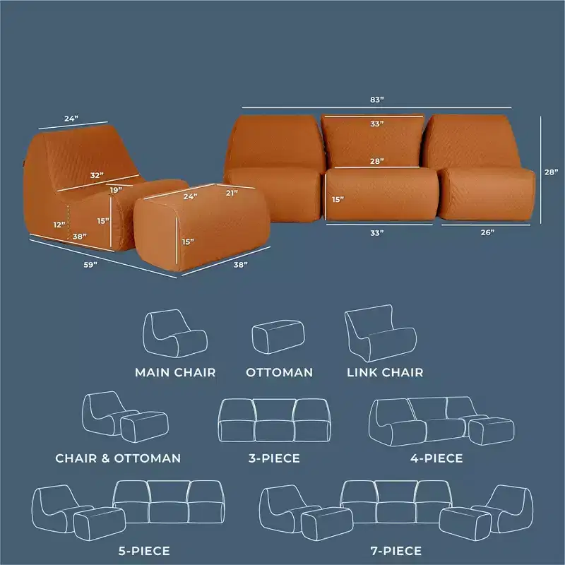 Big Joe Solvana Outdoor Patio Furniture Set, Weather-Resistant Cool Touch Silicone Stitched Leather Sofa, 5 Piece Sectional, Honey Sand