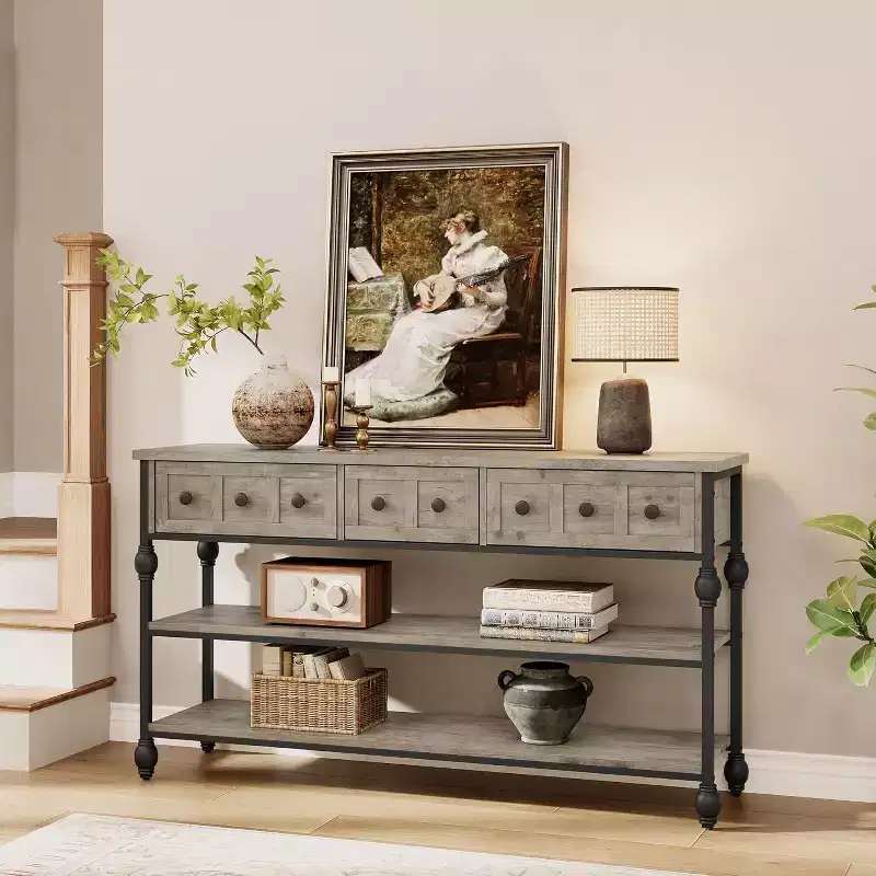 52-Inch Industrial Console Table with 3 Drawers, 3-Tier Entryway and Sofa Table, Metal Frame Behind Couch Table, Hallway Storage Table