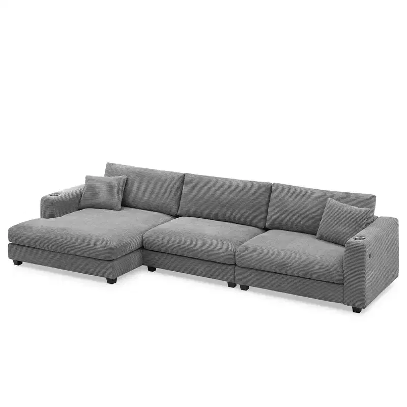 134 4-Seat Oversized Corduroy Sectional Sofa with USB Charging Port and Cup Holder, L Shaped Cloud Couch, Deep Seat Sofa Bed