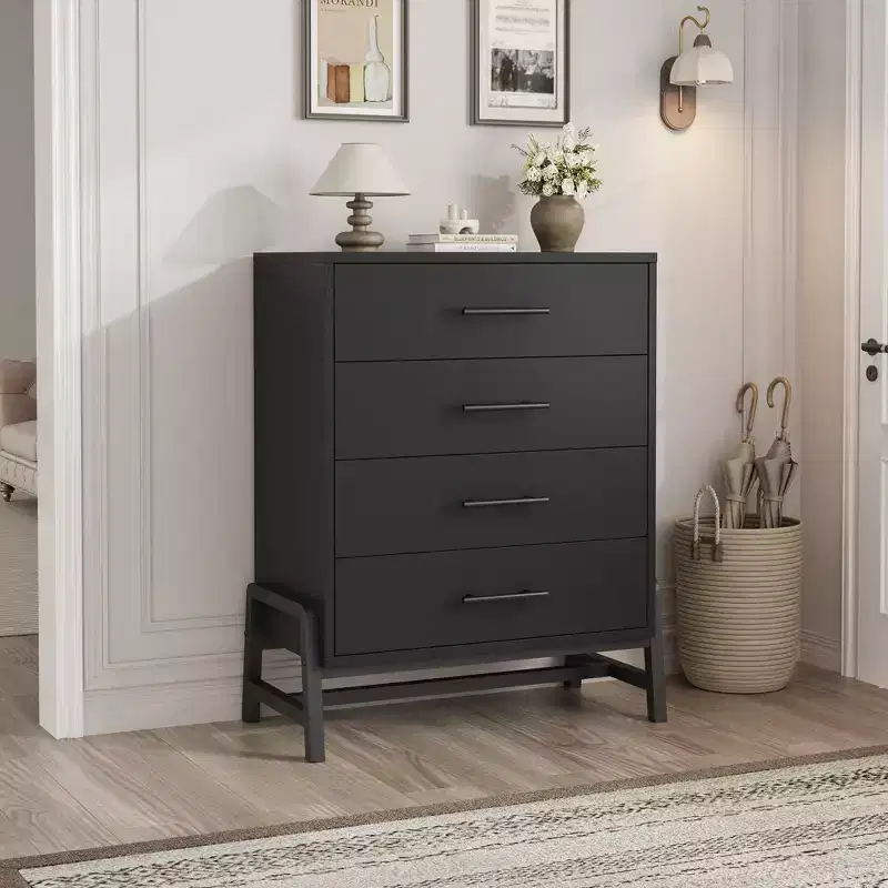 Black / Natural Oak 4-Drawer Dresser, Single
