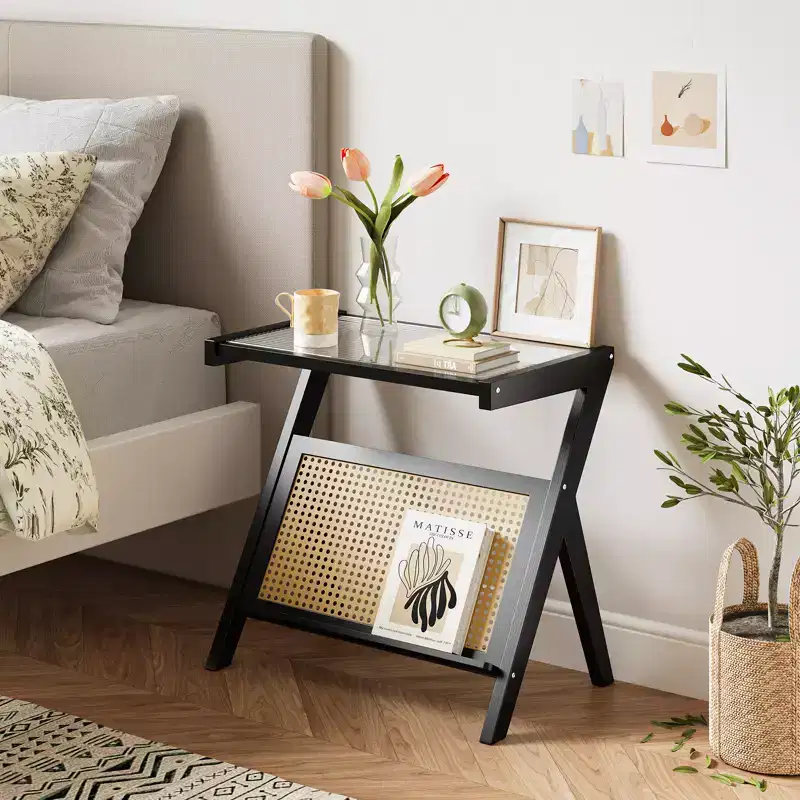 Rattan End Table with Bamboo Frame Tempered Glass Top Z-Shaped Storage Shelf Natural