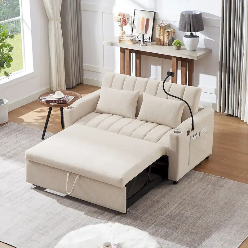 Convertible Loveseat Sofa Bed with USB Ports, Cup Holders, and Adjustable Backrest
