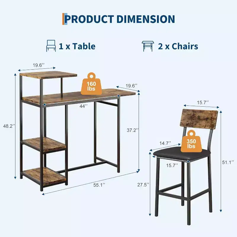 Acekool Expandable Dining Table Set for 2 with Storage Shelves and Wine Rack, 3 Piece Space-Saving Bar Table and Chairs
