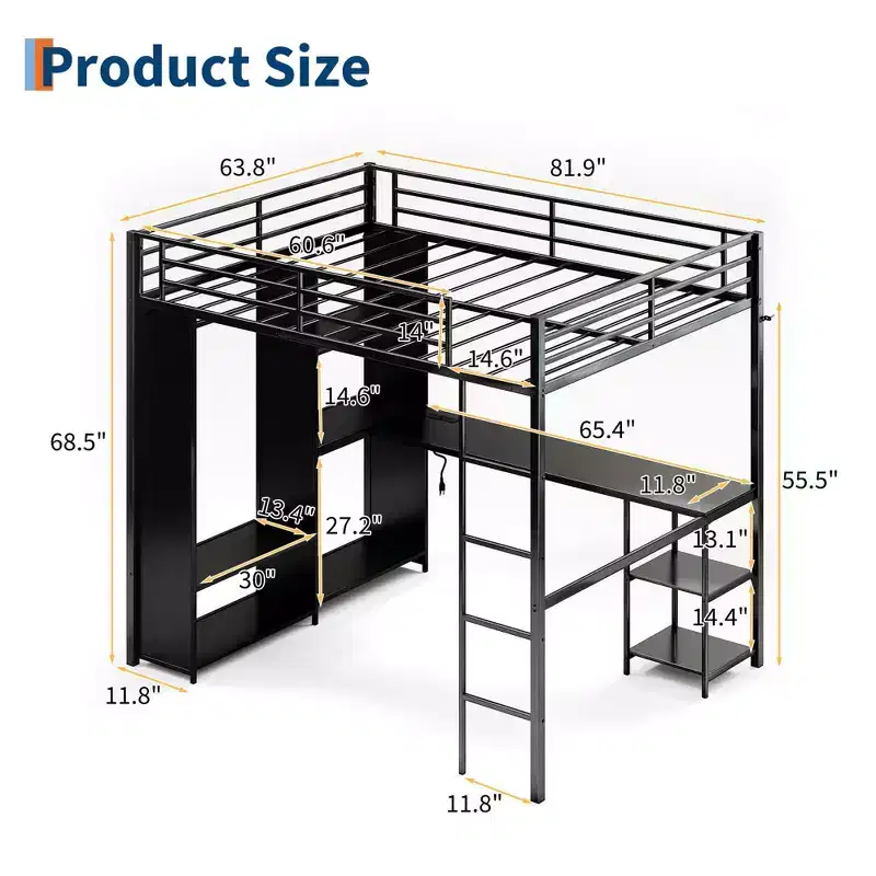 Queen Size Loft Bed with Desk and Storage Shelves, Metal Gaming Loft Bed Queen with Hanging Rod, Wardrobe, Guardrail and Ladder, Space Saving Design