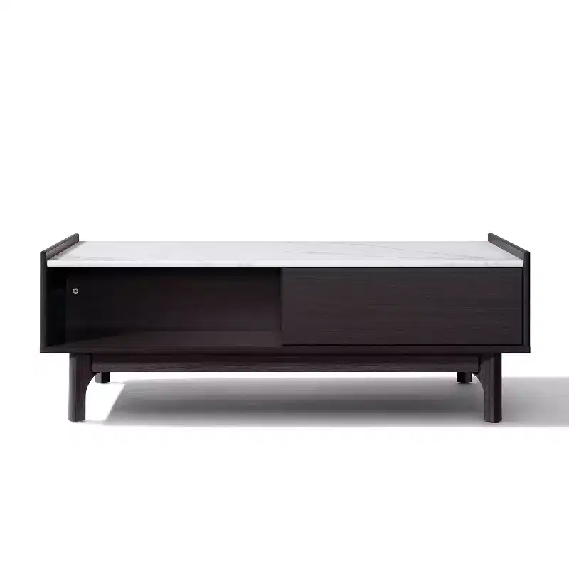 LuxenHome Modi Wenge Coffee Table with 1 Door, Open Storage & Raised Sides, Faux Marble Top, Manufactured Wood Brown