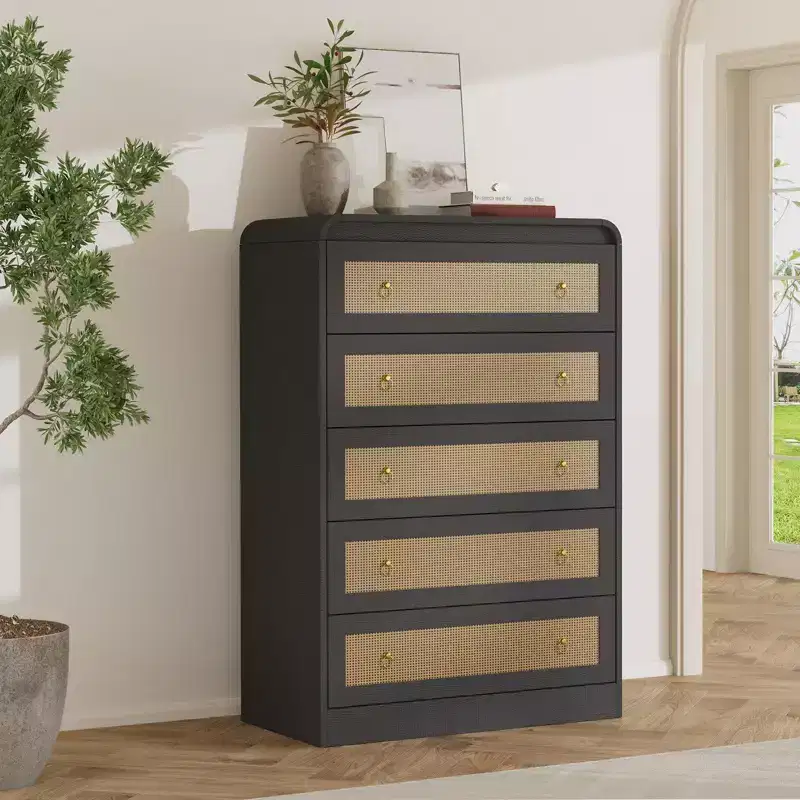 5 Drawer Dresser for Bedroom, 44H Wooden Chest of Drawers, Modern Clothes Storage Organizer, Dresser Narrow Nightstand for Bedroom