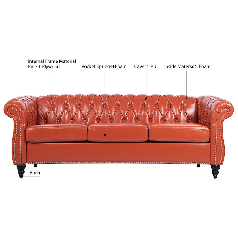 Classically Elegant 84.65 Three-Seater Rolled Arm Chesterfield Sofa in PU Leather - Sturdy Birch Legs, Soft Upholstery