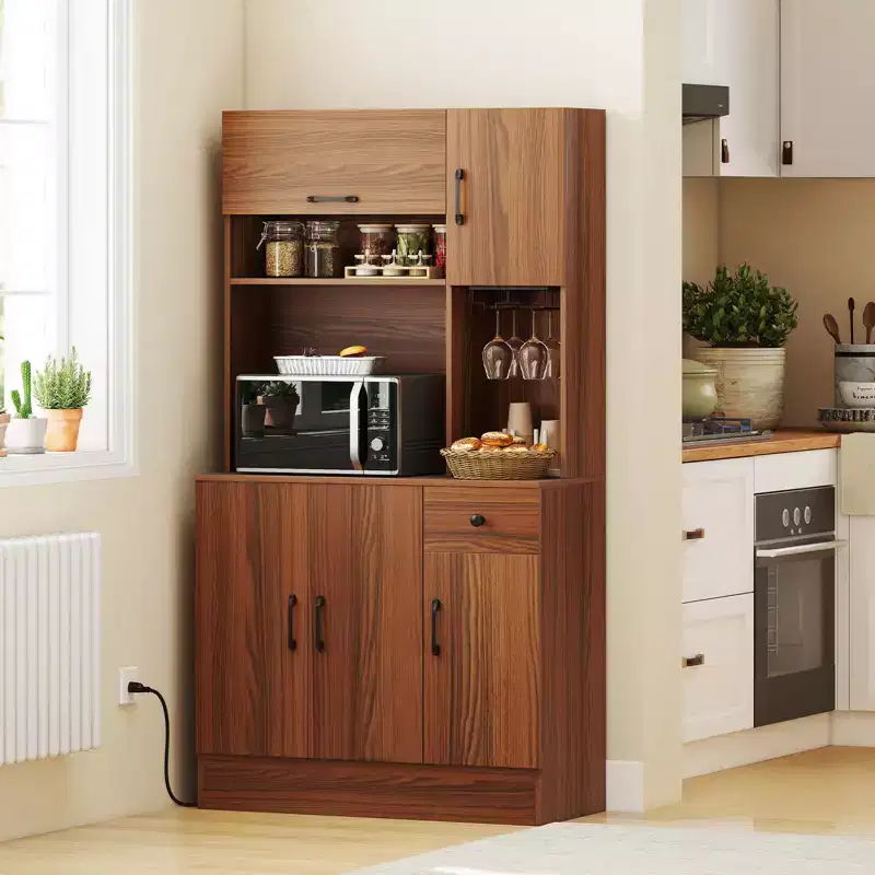 66 Pantry Cabinet Tall Kitchen Storage Cabinet with Charging Station Brown