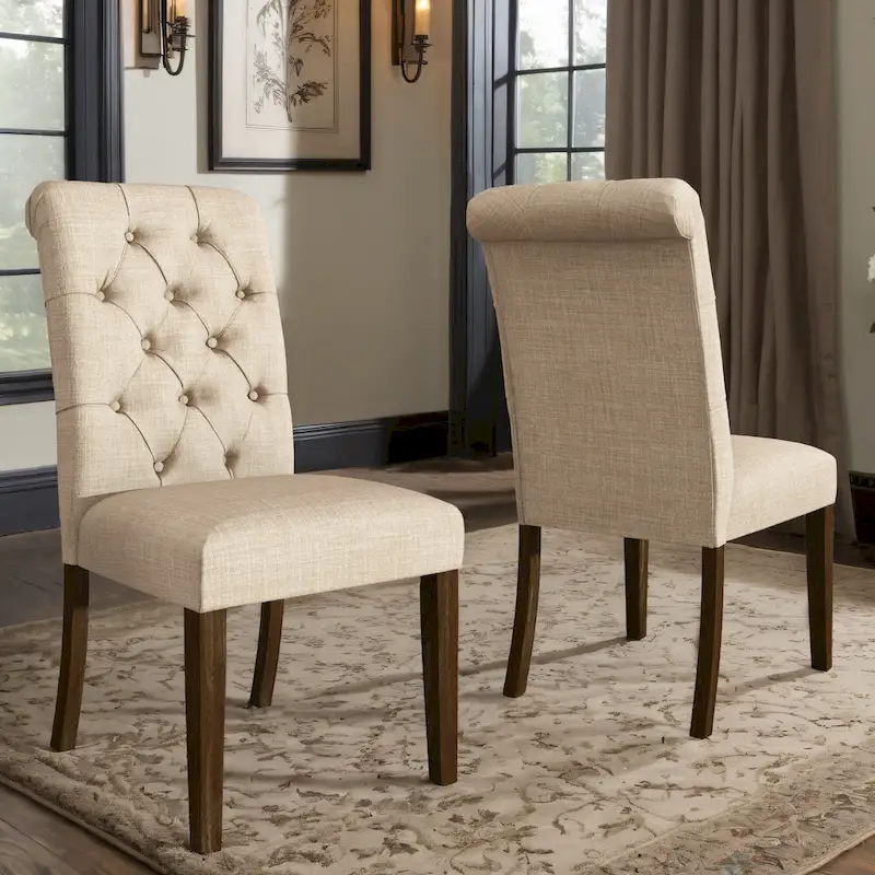 Tufted Rolled Back Parsons Dining Chairs – Set of 2, Rubberwood Frame