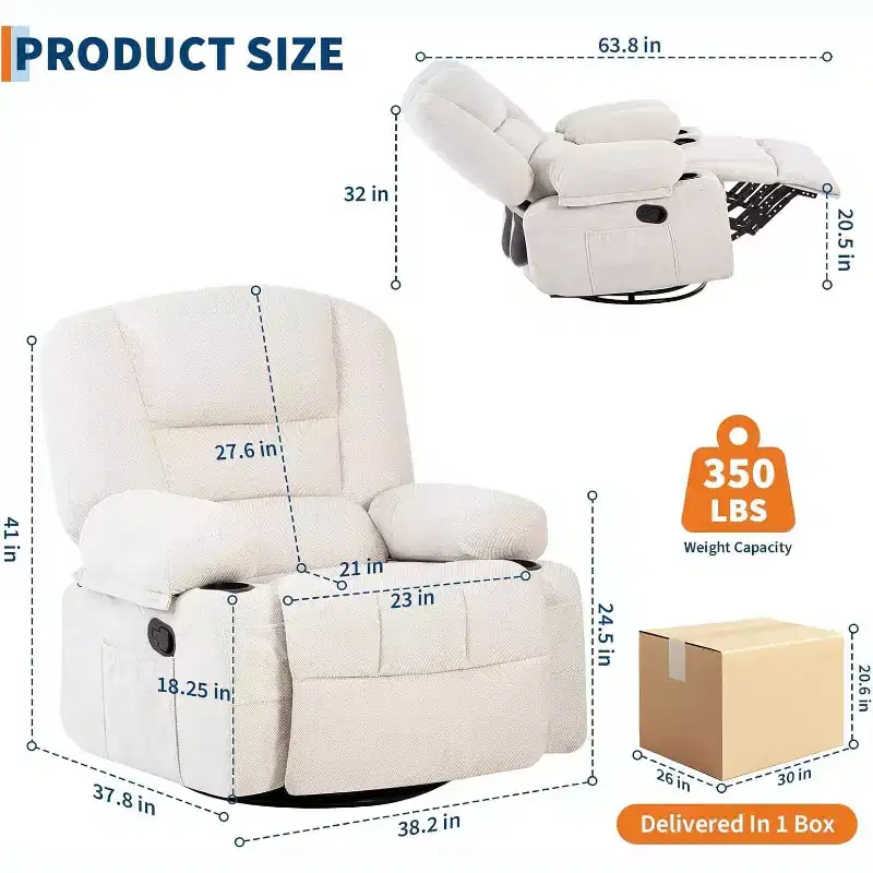 Recliner Chair for Adults with Massage & Heating, 360 Swivel Glider, Extra Wide Manual Recliner, Chenille Fabric Sofa Chair for Living Room
