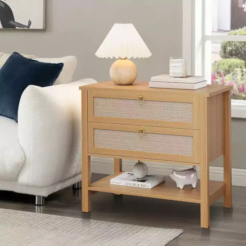 Acekool Rattan Nightstand Set of 2, Boho Night Stand with 2 Drawers and Open Shelf, Farmhouse Bedside Table