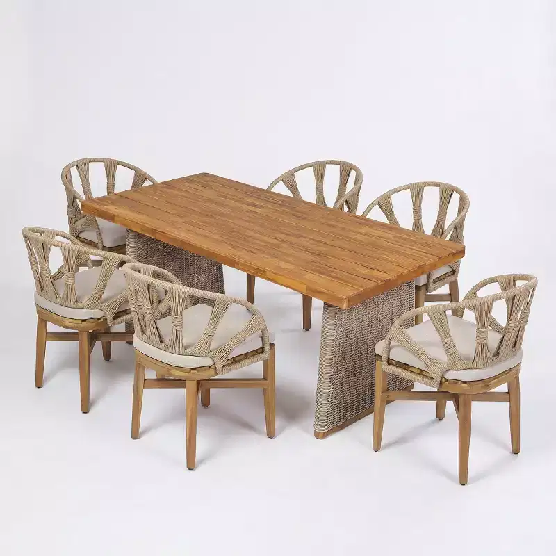 Christopher Knight Home Ferb 7 Piece Boho Outdoor Acacia Wood Wicker Dining Set with Cushions