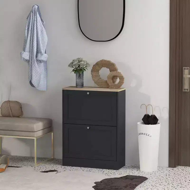Slim Shoe Cabinet for Entryway, Modern Hidden Shoe Storage Cabinet with 2 Flip Drawers and Adjustable Shelves for 8-12 Pairs of Shoes