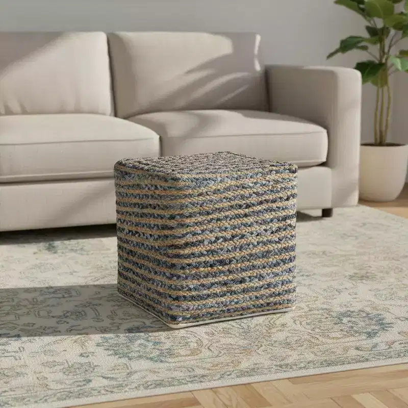 HomeRoots 18 Beige and Blue Cotton And Jute Striped Pouf Ottoman
