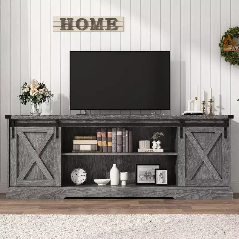 70-Inch Farmhouse TV Stand with Cross Barn Doors, Entertainment Center for Living Room