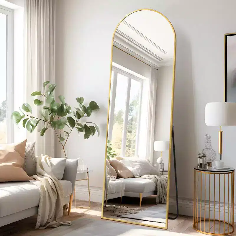 PexFix 21 in. W. x 64 in. H Full Length Arched Free Standing Body Mirror Metal Framed Wall Mirror Large Floor Mirror in Gold
