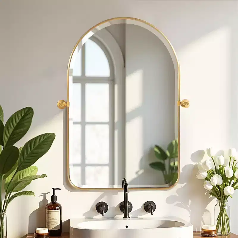 Hanging Mirror Iron Rounded Corner Arch Gold Rotating Hardware 31x23x2in Double Sided