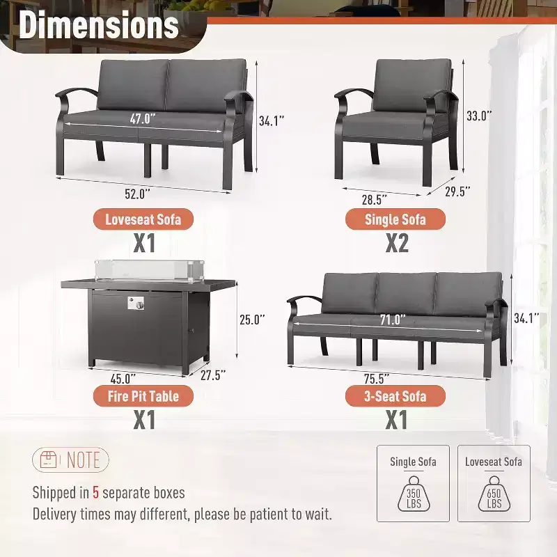 ALAULM Aluminum Patio Furniture Set 7-Seat Modern Metal Outdoor Conversation Sets w/45in Propane Fire Pit Table