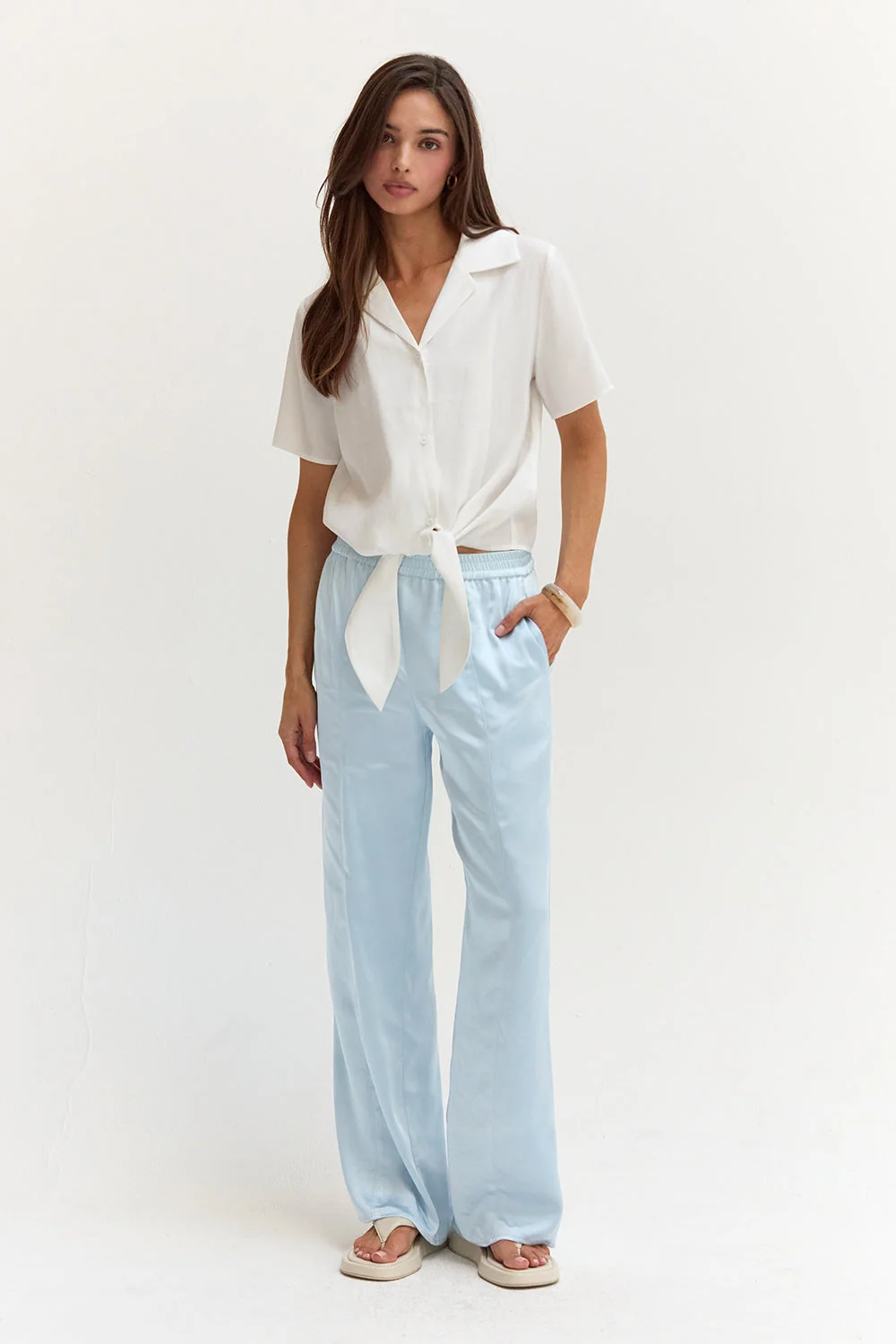 Satin Pull On Pants Relaxed Straight Leg Elastic Waist Women